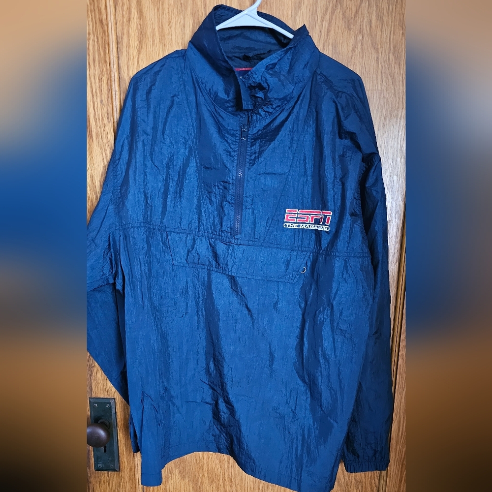 Mens XL ESPN The Magazine Blue White/Red Spellout 1/2‎ Zip Windbreaker Jacket